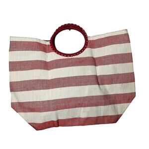 NWT CRABTREE & EVELYN Red White Striped Wrapped Circular Handles Beach Tote